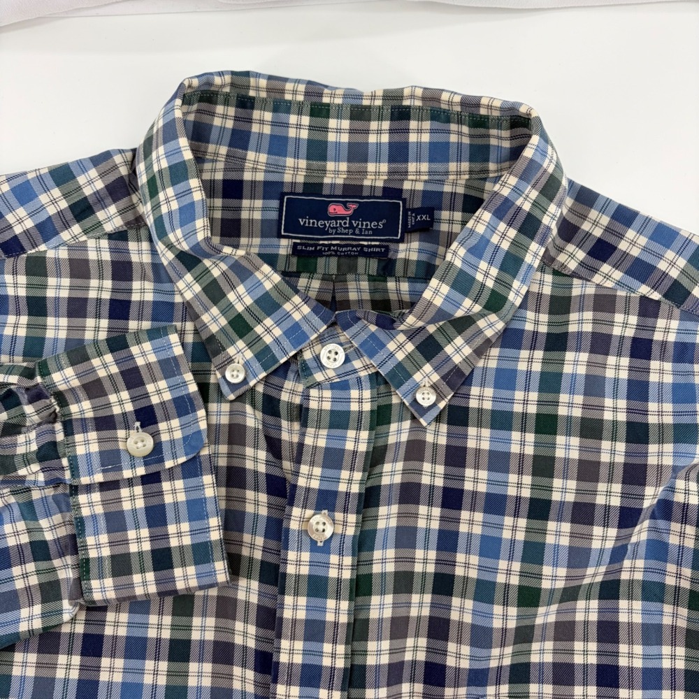 Vineyard Vines Slim Fit Murray Shirt Mens XXL Blue Green Plaid Button Down